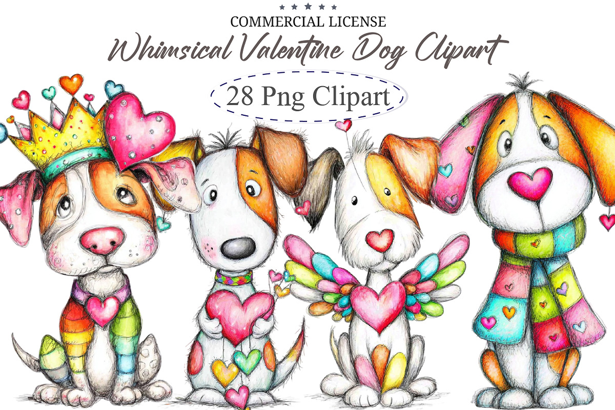 Whimsical Valentine Dog Clipart, an Illustration by designcity5 (Photo 1 of 5)