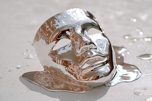 Reflective sculpture depicting a face with melting effect on a surface with wat, a Photo by AlyaAnd