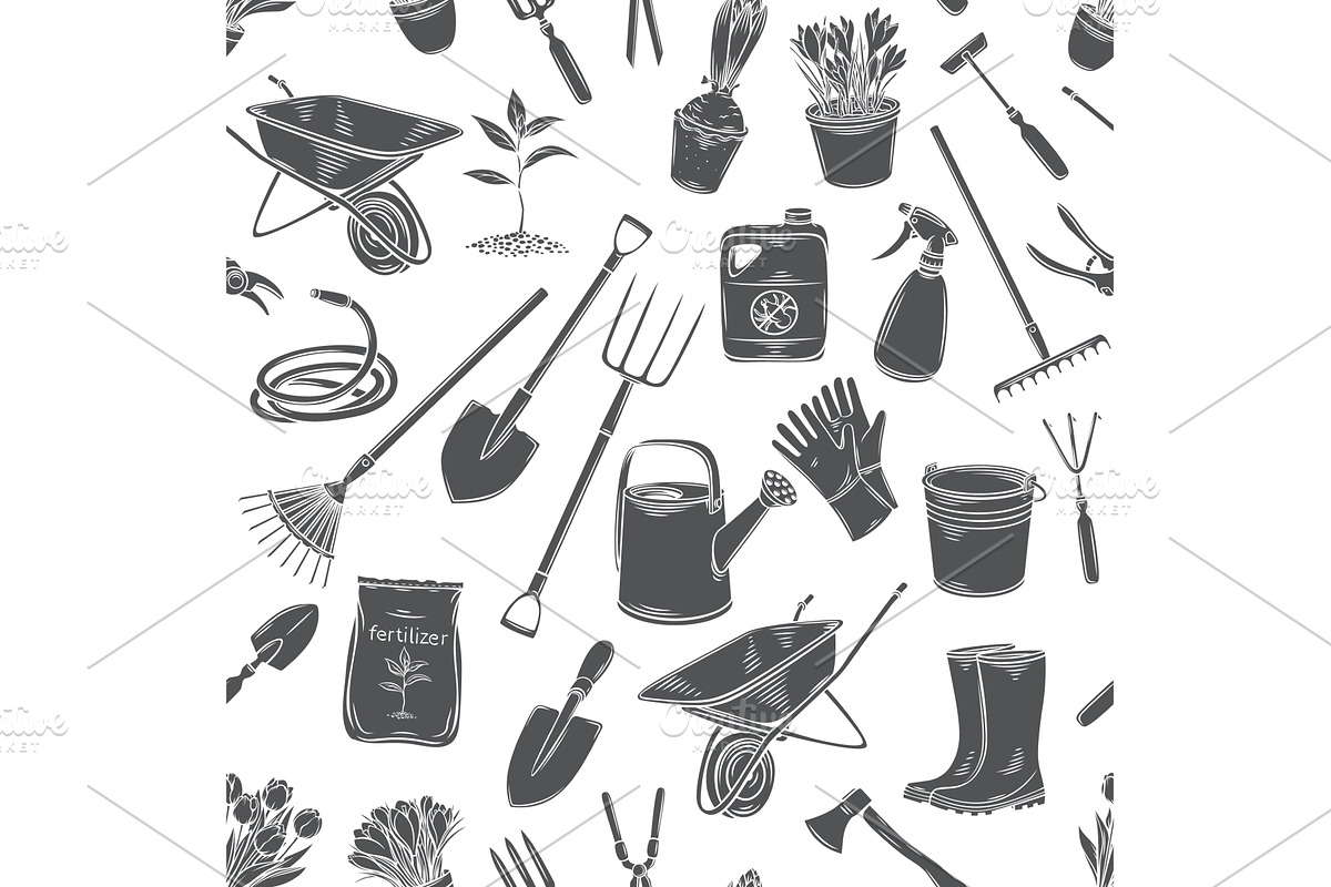 Gardening tools and plants flowers, an Object Illustration by VictoriaSergeeva