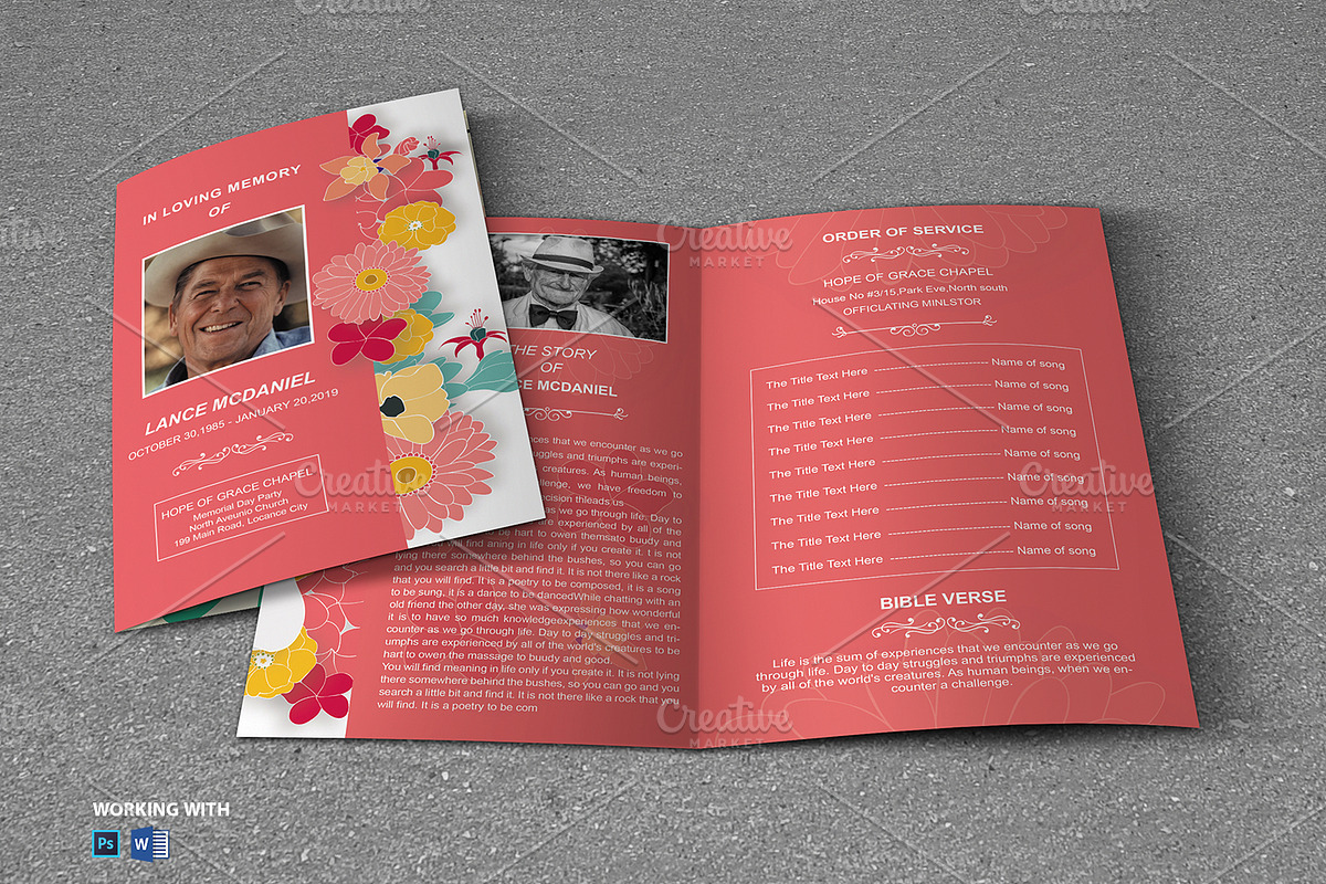 Funeral Program Template Red Flower, a Brochure Template by Madhabi Studio