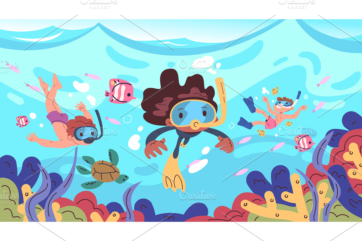 Children snorkeling. Cartoon kids, an Illustration by Stock-Smart-Start