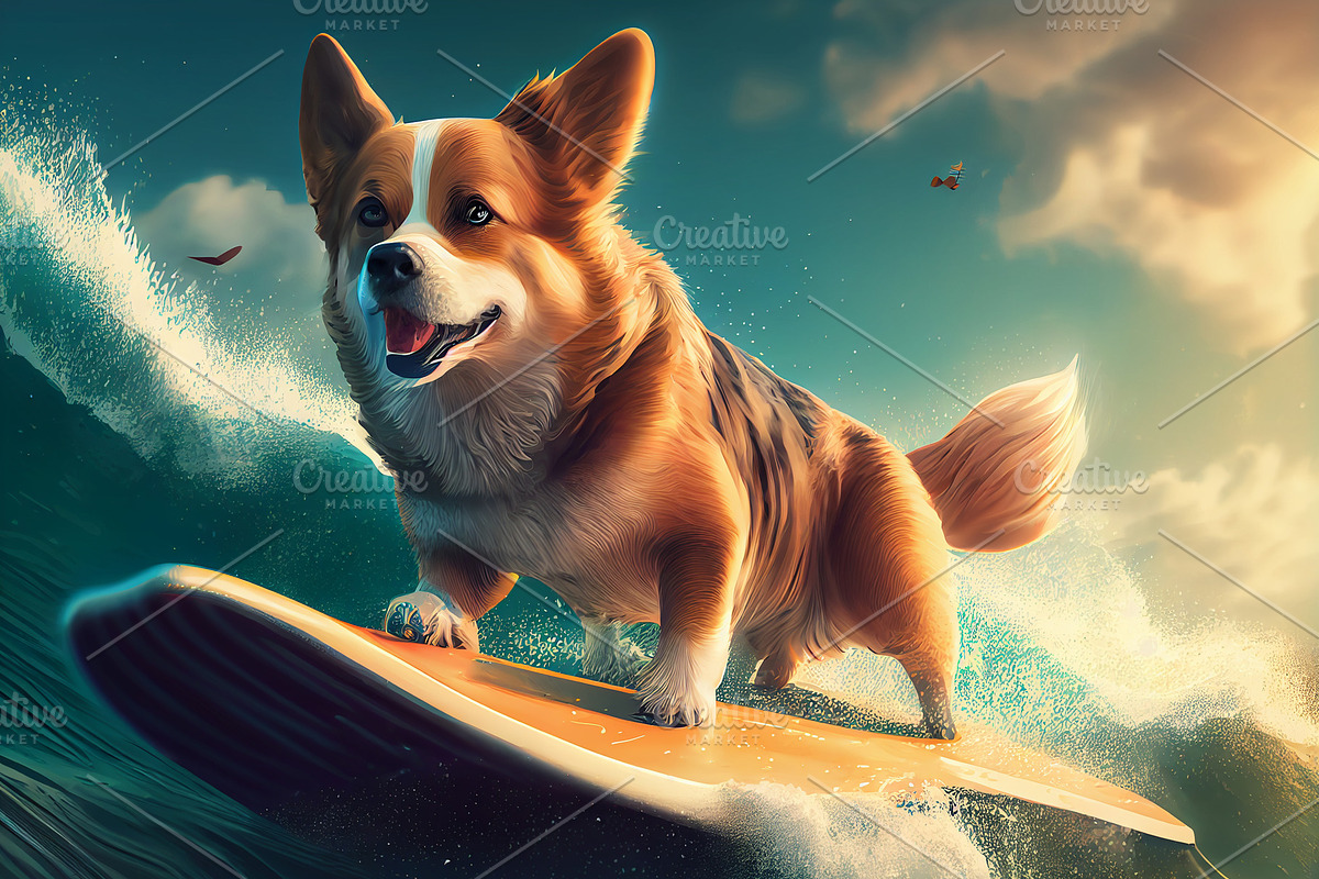 Illustration of a dog surfing, a Technology Illustration by Olyryk & Aglo