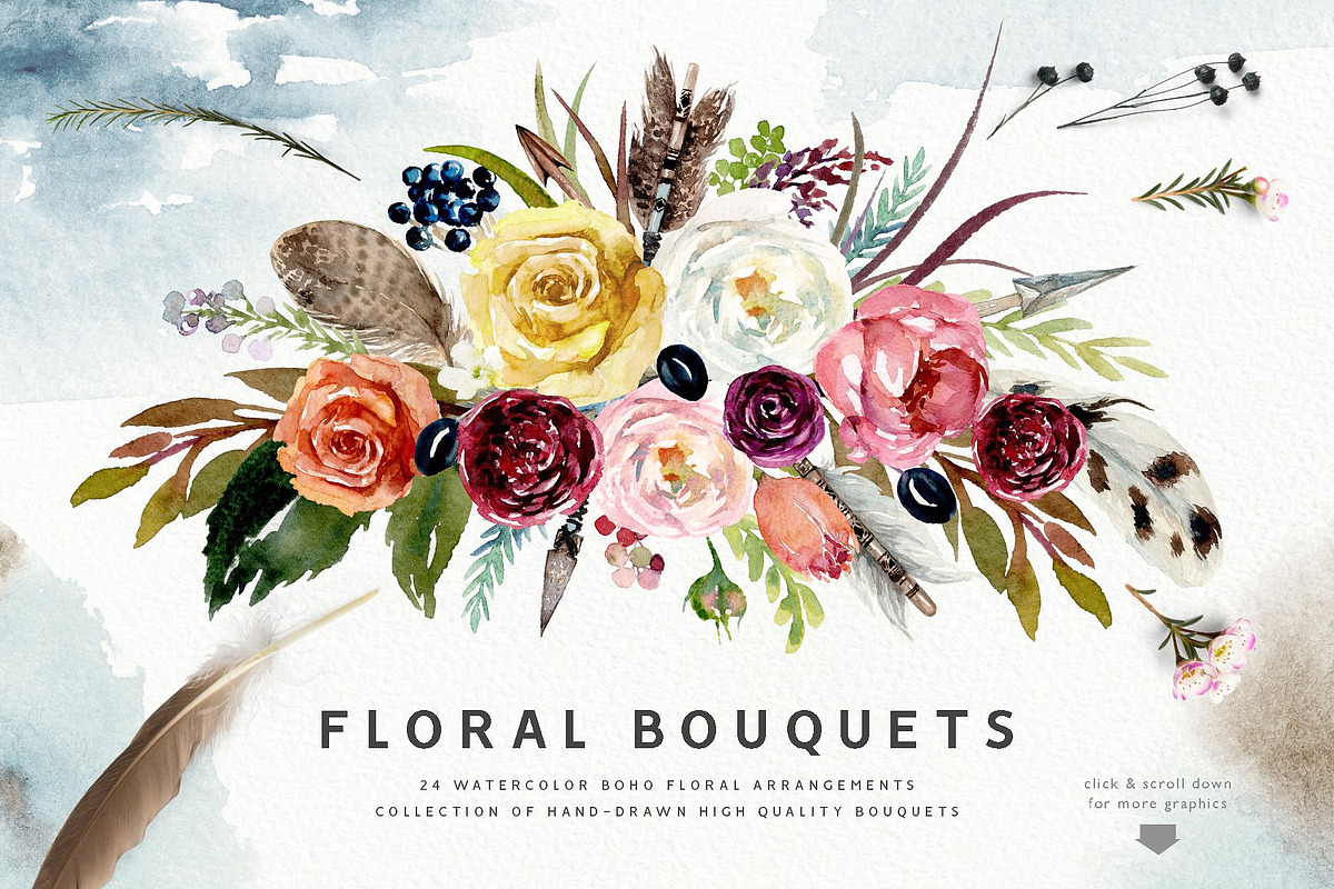 Watercolor Boho Wild Floral Set, a Decorative Illustration by Veris Studio (Photo 2 of 16)