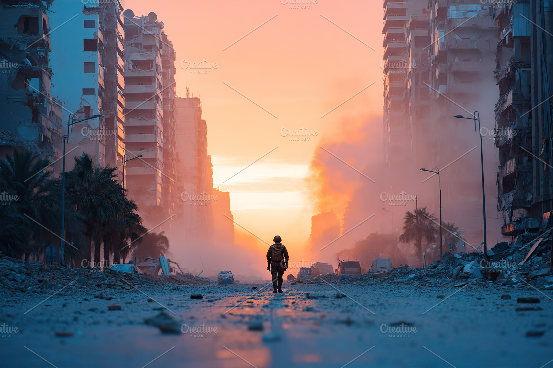 War-torn city street at dusk with a lone figure among crumbling buildings, a Photo by AlyaAnd