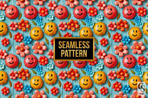 3D Smiley Flowers Seamless Patterns