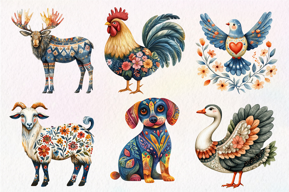 Watercolor Folk Art Animals Clipart, an Illustration by Dream Creation (Photo 3 of 7)