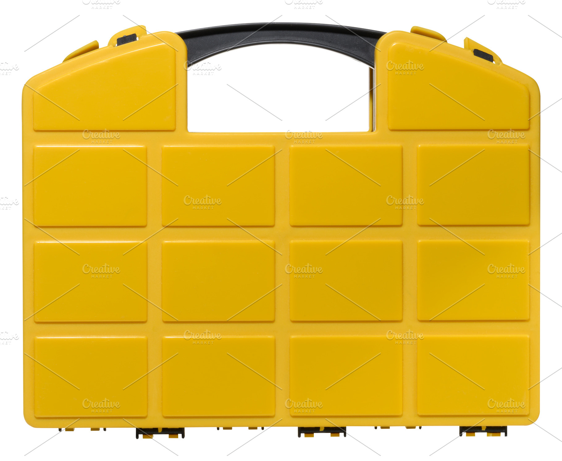 Yellow plastic organizer for storing small parts with black hand, an Industrial Photo by ndanko