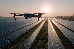 Drone flying over solar panels at su, a Photo by Pixeness Studio