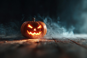 Glowing jack-o'-lantern illuminating a dark wooden floor with smoke on Hallowee, a Holiday Photo by AlyaAnd