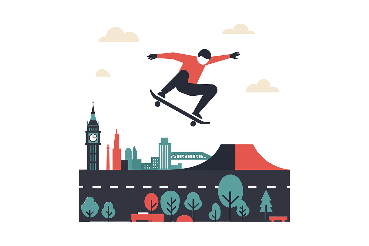 Skater performing a trick above a ci, an Illustration by designvectx
