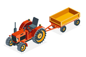 Isometric old red tractor without, an Illustration by Booblgum
