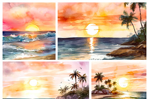 Watercolor Beach Sunsets Digital