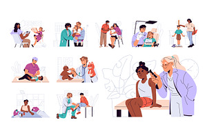 Pediatrician doctors examine kids, a Healthcare Illustration by PaperTrident