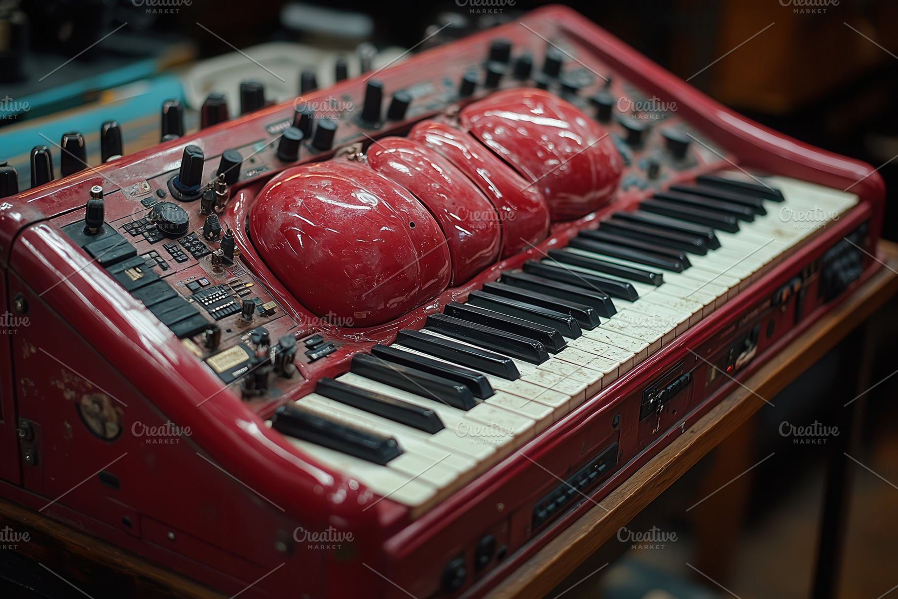 Vintage red keyboard synthesizer wit, a Photo by Tanuart