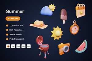 Summer 3D Icons Set, an Object 3D Model by Kmg Design