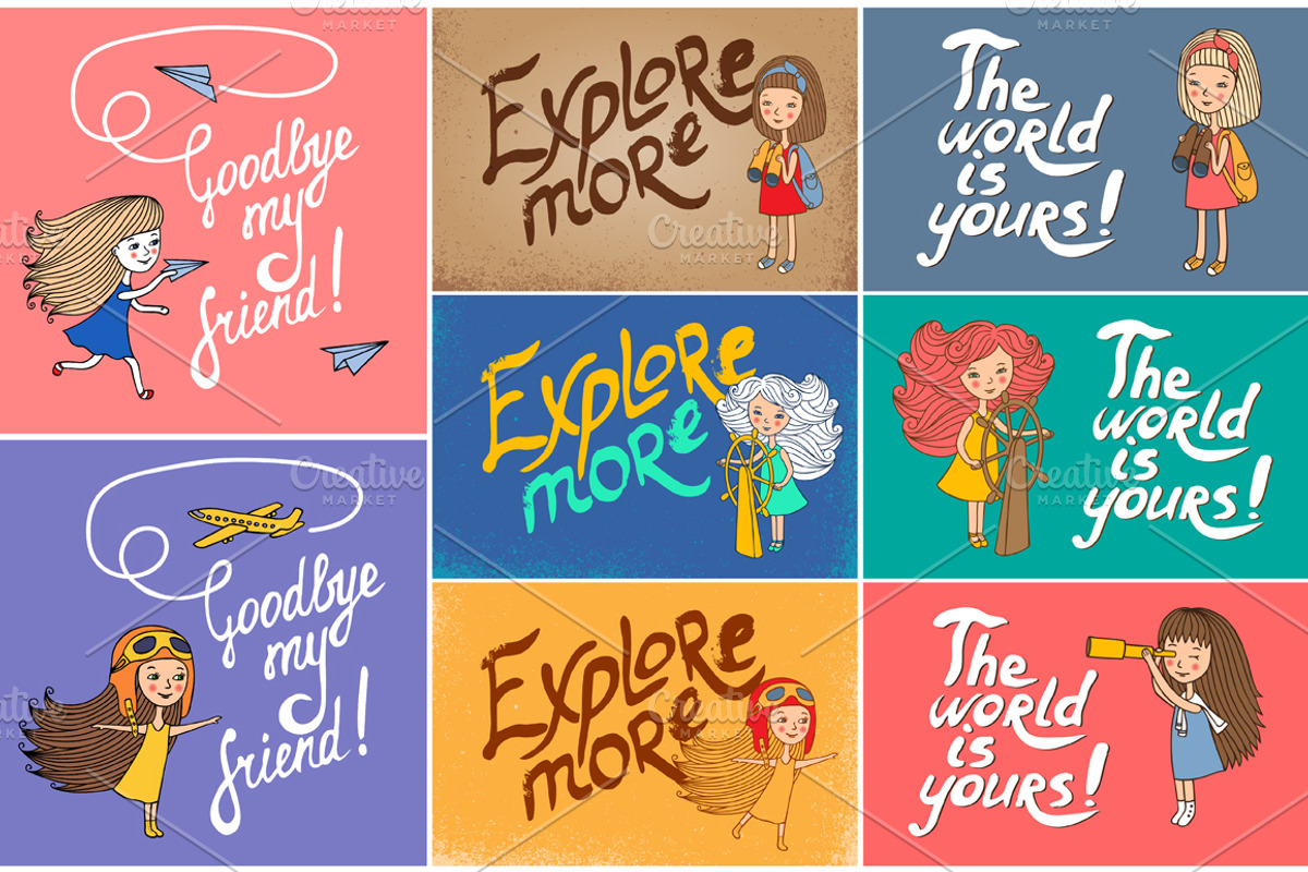 5 cute girls women travelers, an Illustration by EvgeniaV (Photo 2 of 3)