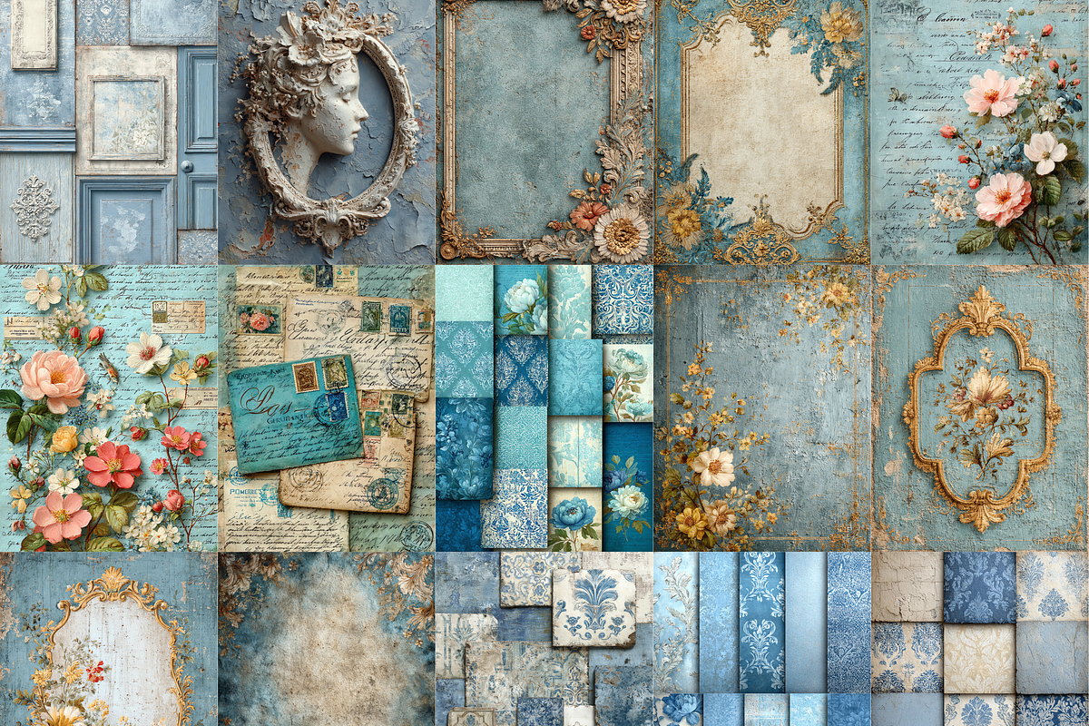 Aqua Blue Shabby Chic Digital Papers, a Pattern Graphic by LA Design (Photo 4 of 10)