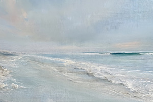 Oil painting capturing serene beach scene with rolling ocean wav, a Decorative Illustration by Studio ANNA