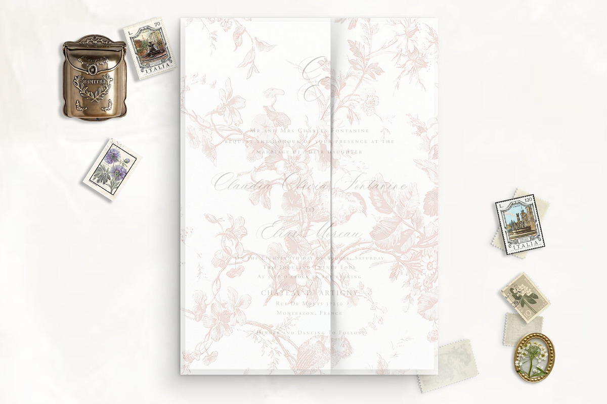 Peony Pink Rose Toile Vellum Jacket, a Stationery Template by SilverJoyAtelier (Photo 2 of 3)
