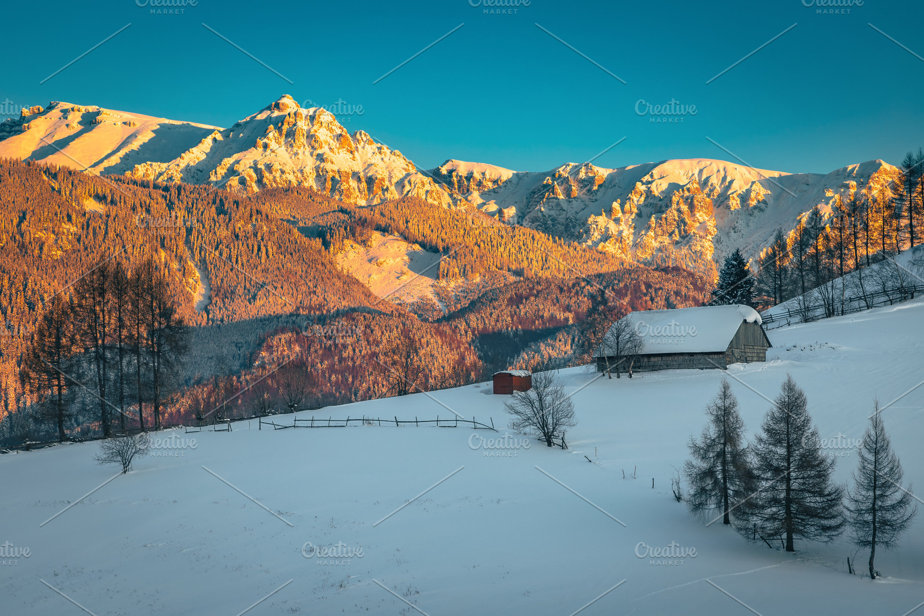 Winter scenery with snowy mountains, an Architecture Photo by Alpine Dreams
