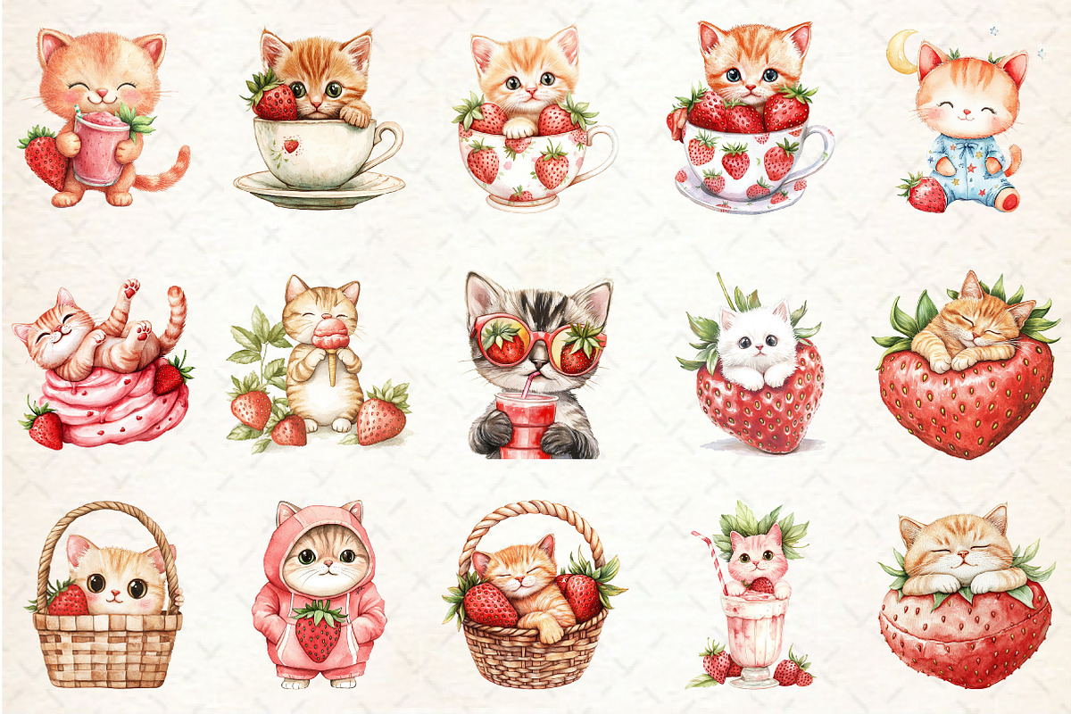 Strawberry Cat Clipart Sublimation, a Seasonal Illustration by Rose Art (Photo 2 of 4)