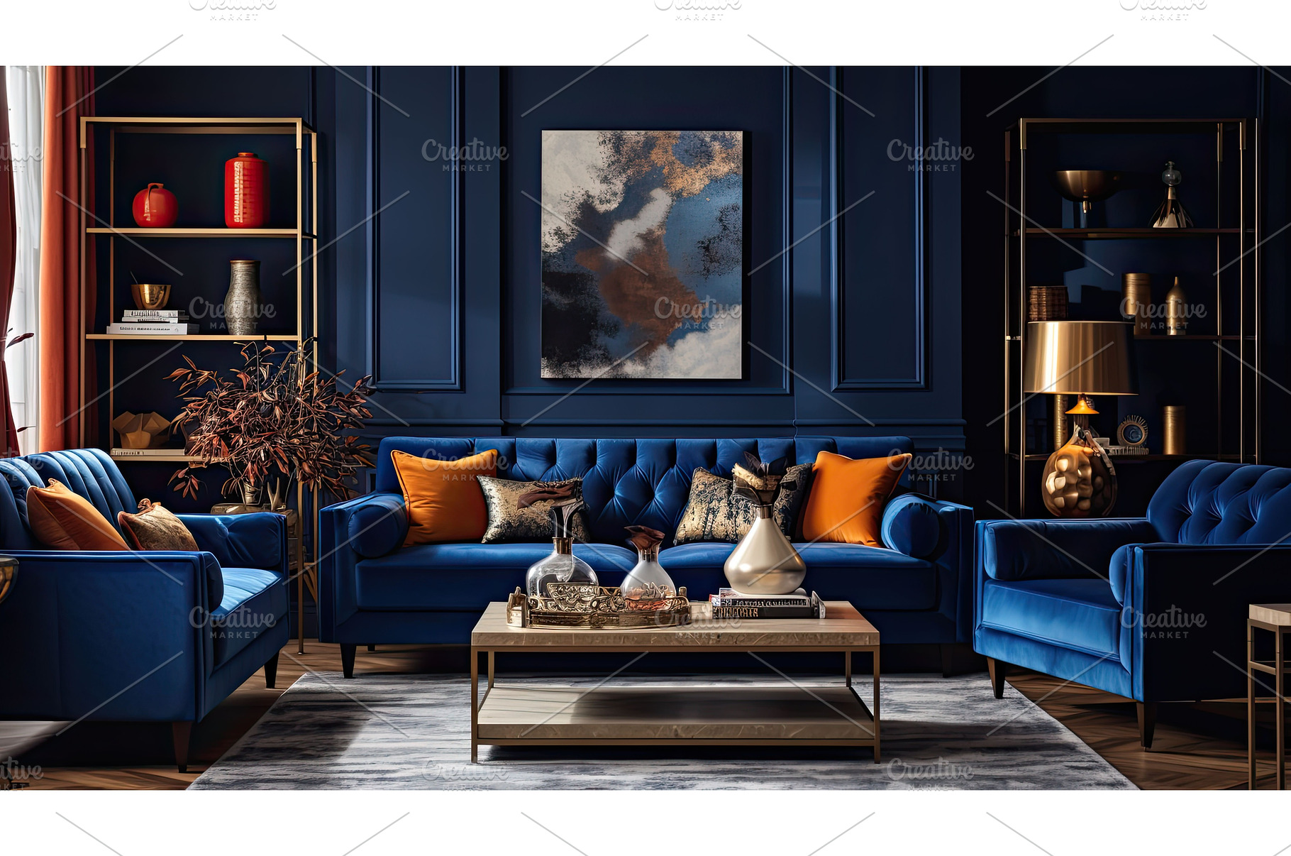 home navy blue interior ai generated, an Arts & Entertainment Photo by pikepicture
