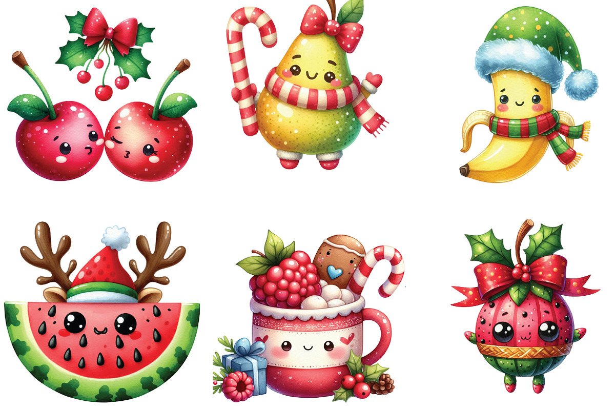 Christmas Kawaii Fruits Sublimation, an Illustration by CraftArtStudio (Photo 3 of 6)