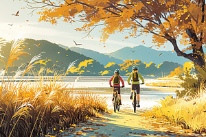 Two cyclists enjoying a scenic lakeside autumn path surrounded by nature, a Photo by AS photostudio