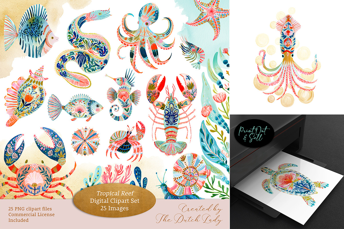 Tropical Folk Art Reef Clipart, a Decorative Illustration by The Dutch Lady Designs (Photo 1 of 10)