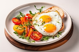 Fried eggs with vegetables and herbs in plate, a Food & Drink Photo by AlyaAnd