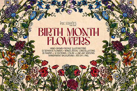 Birth Month Flowers Handcrafted, a Decorative Illustration by Ink Stories