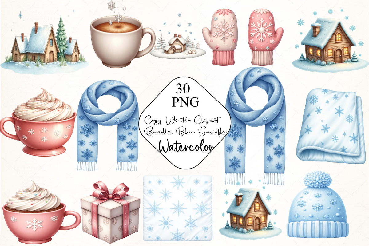 Cozy Winter Clipart Bundle, Blue Sno, an Illustration by CrexoraLab (Photo 1 of 5)