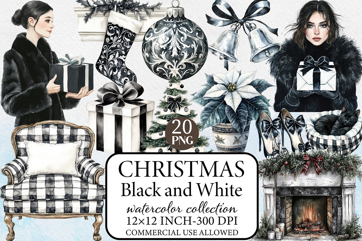 Black and White Christmas Clipart, an Illustration by Libby Wishes (Photo 1 of 7)