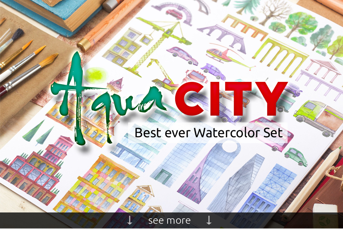 Watercolor set AQUA CITY Constructor, an Illustration by denisespinoza (Photo 2 of 4)
