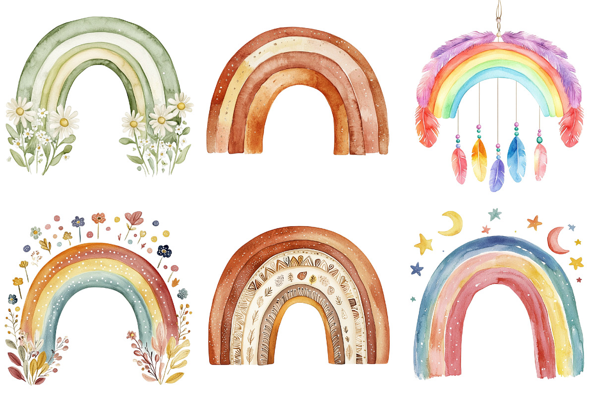 Boho Rainbow Watercolor Clipart, an Illustration by Watercolor design (Photo 2 of 4)