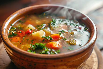 Wooden Bowl Filled With Soup and Fre, a Photo by Iftikhar Alam