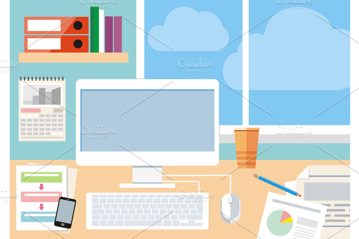 Workplace with computer, smartphone