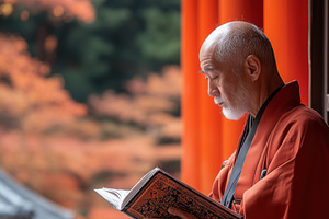 Japanologist. A serene scene of an elderly man in traditional Japanese attire r, a Person Photo by Textures & Backgrounds