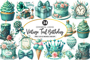 Vintage Soft Teal Birthday Clipart, an Illustration by SinaCreation