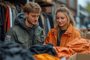 Young couple shopping for casual clo, a Photo by Tanuart