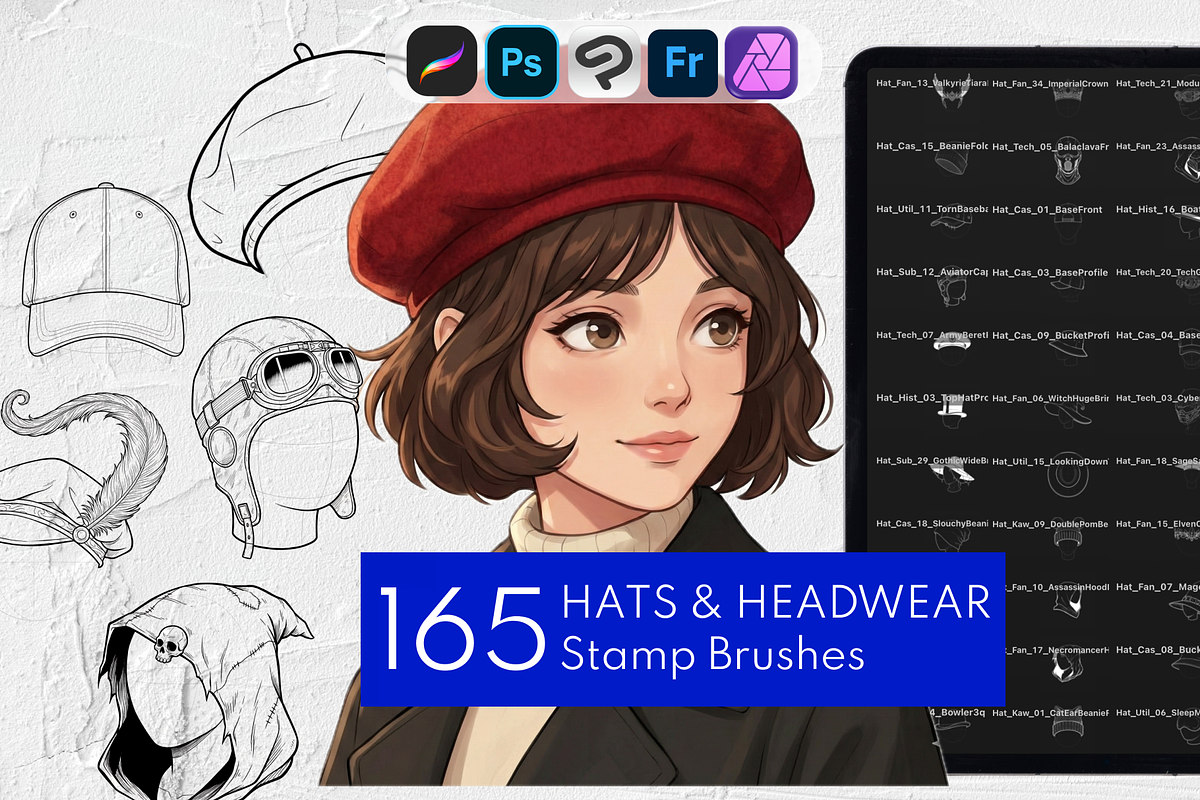 165+ Procreate Hat & Headwear Stamps, a Brush Add-On by Selentaori Studio (Photo 1 of 11)