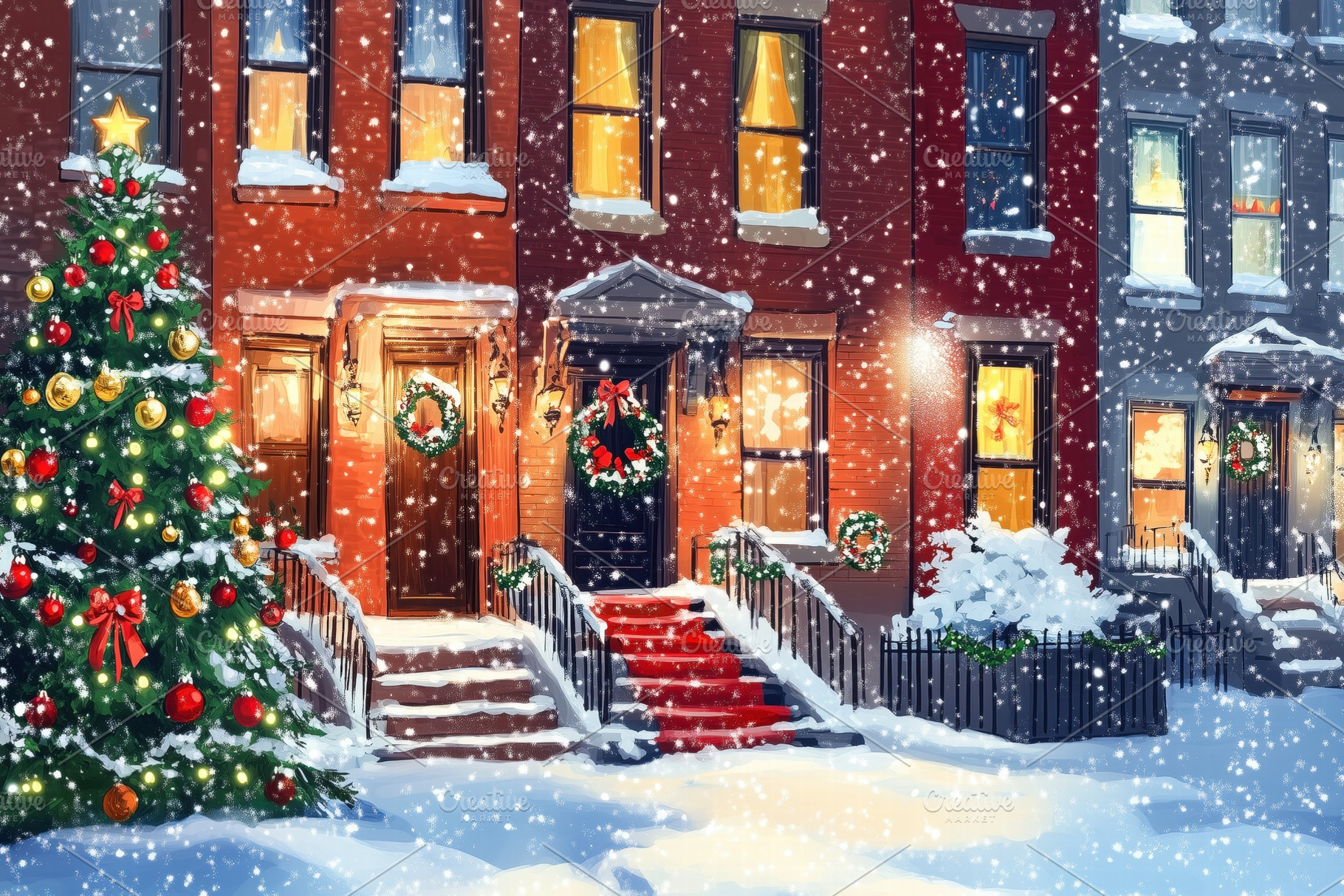 A cozy winter scene featuring a row of charming brick Rowhouse style townhouses, an Architecture Photo by Textures & Backgrounds