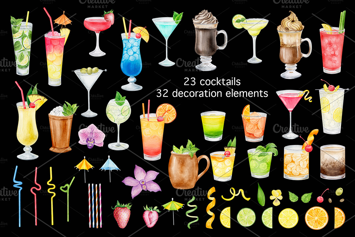 Watercolor Cocktails Clipart Set, a Food Illustration by KathrineWatercolor (Photo 3 of 5)