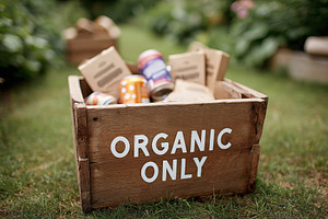 Wooden bin with organic only sign filled with non-organic items in sunny garden, a Photo by AlyaAnd