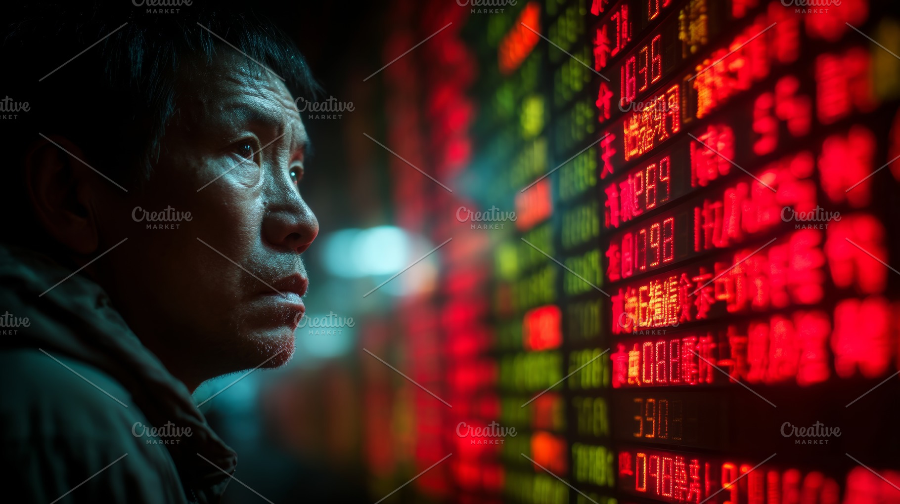 Chinese investor watching stock market ticker at night, concerned man studying, a Photo by AS photostudio