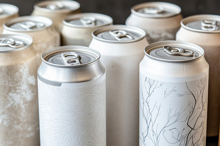 Close-up of multiple silver beer cans with blank surface as mock