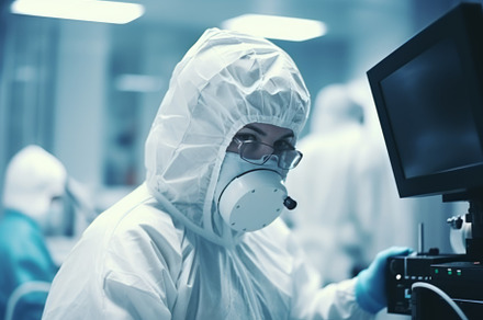 Scientist in Cleanroom Suit Working in a Modern Laboratory, an Abstract Photo by Natalia Klenova's Shop