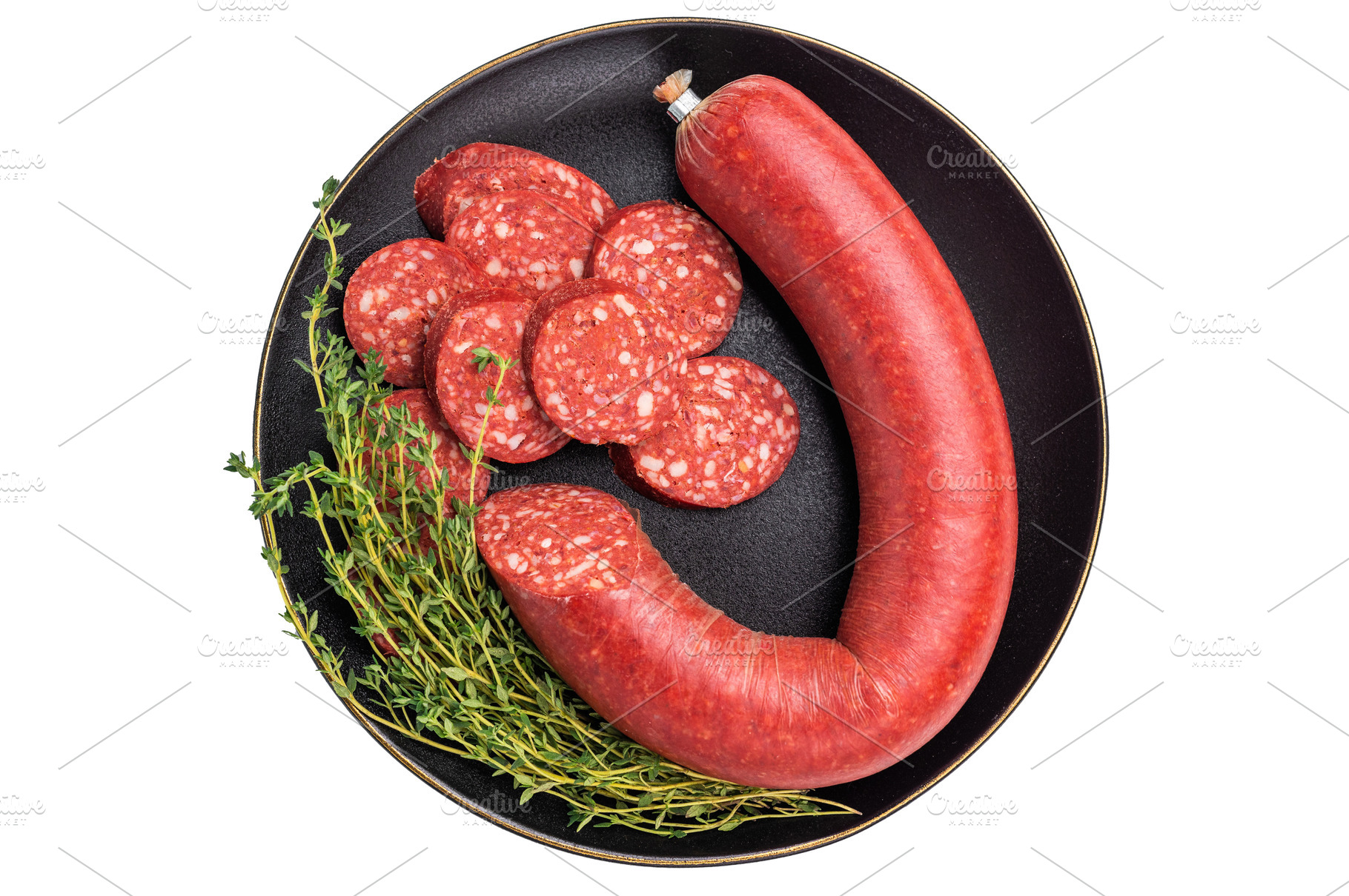 Whole and sliced Turkish sucuk (sujuk) with thyme on a black pla, a Photo by composter-box@mail.ru