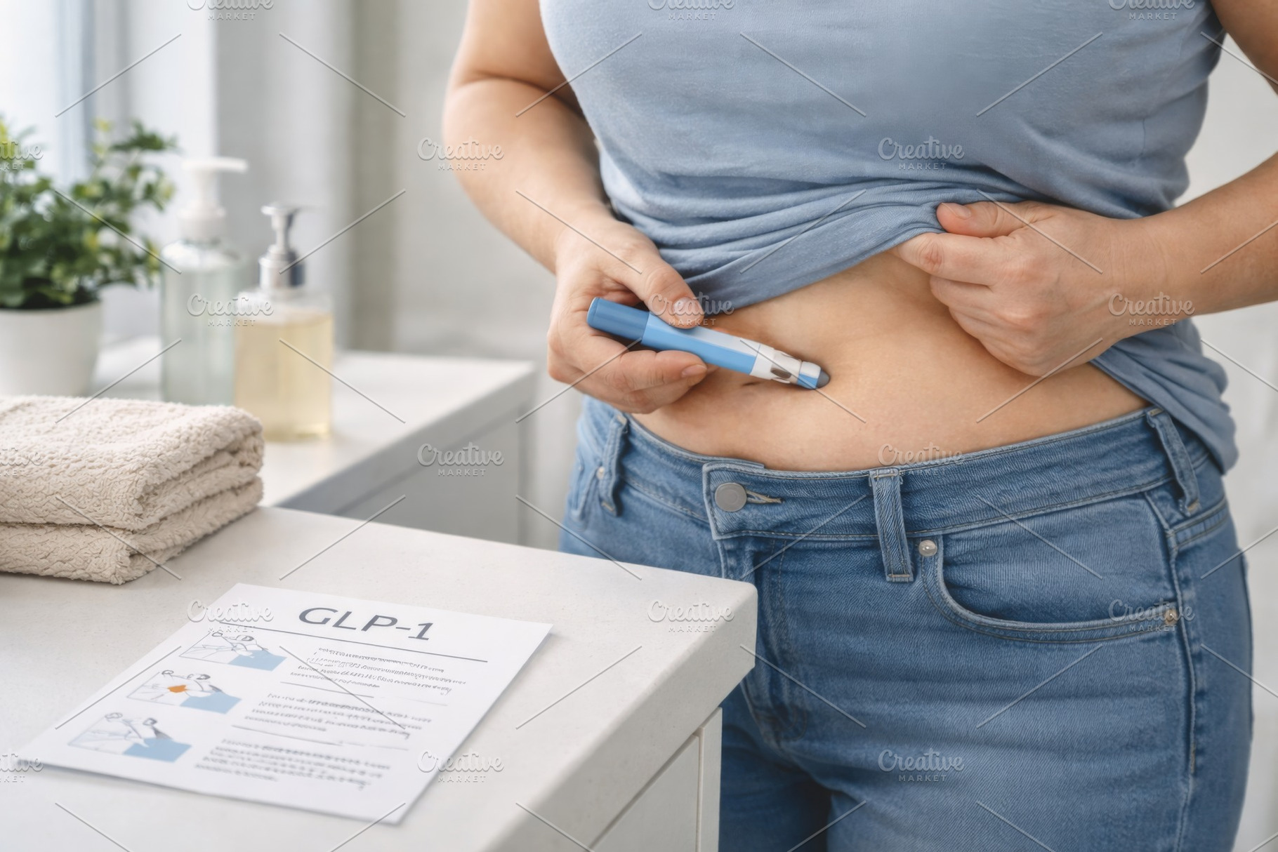 GLP1 treatment self-administration with injector in kitchen sett, a Photo by Dvoevnore photos