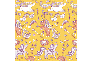 Seamless Pattern With Funny Magic Elements. Unicorn, Wizard And Miracle. Vector Background